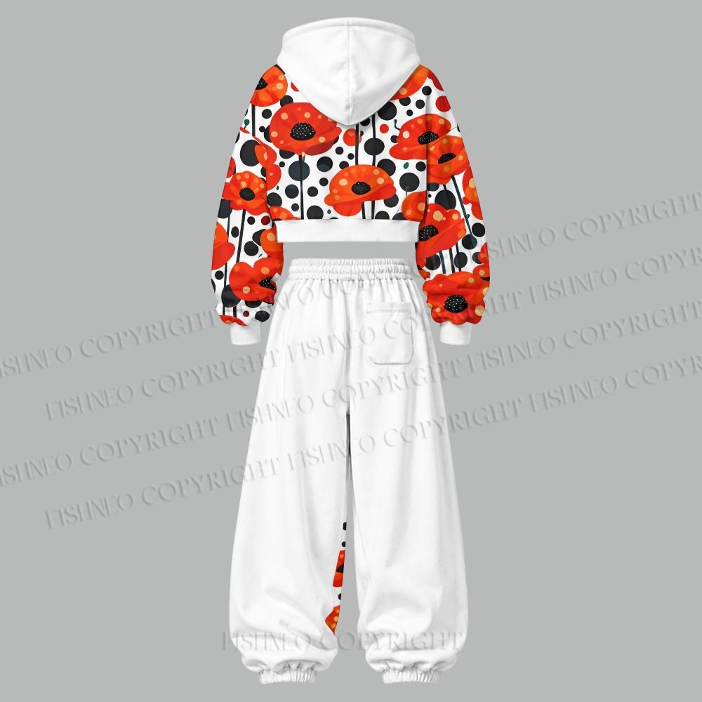 Japanese Yayoi Kusama Flower Cropped Long Sleeve Hoodie & High Waist Jogger Pants Two Piece Tracksuit Set