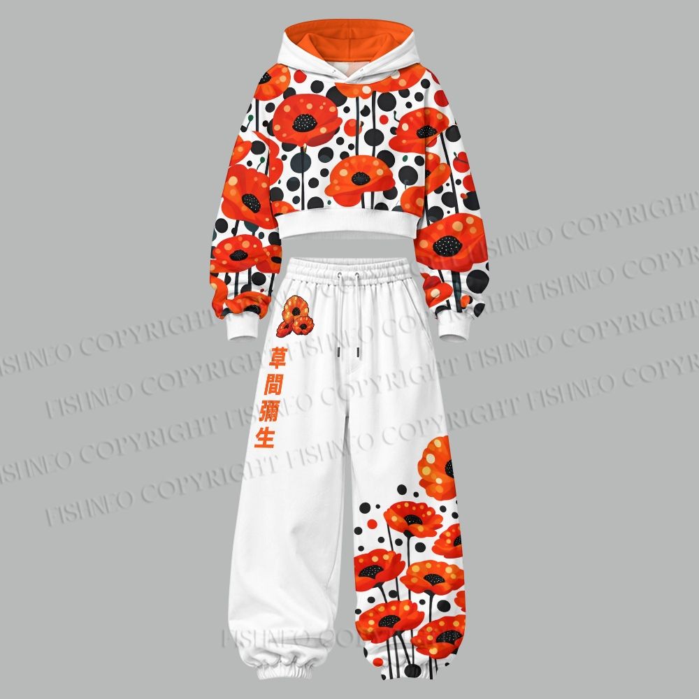 Japanese Yayoi Kusama Flower Cropped Long Sleeve Hoodie & High Waist Jogger Pants Two Piece Tracksuit Set