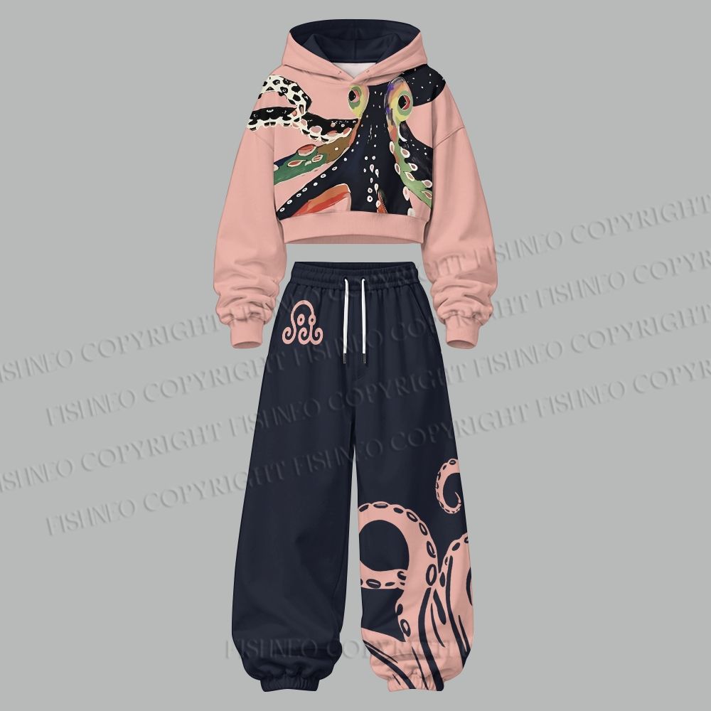 Octopus Cropped Long Sleeve Hoodie & High Waist Jogger Pants Two Piece Tracksuit Set