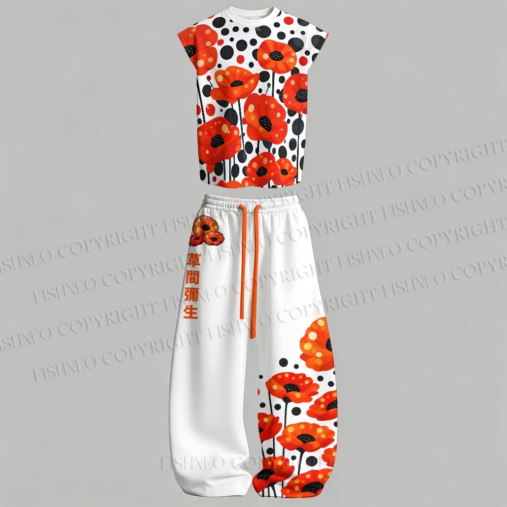 Japanese Yayoi Kusama Flower Sleeveless Tank Top & Elasticated Trousers pants Two-Piece