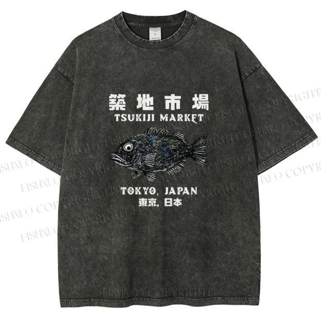 Unisex Tsukiji Fish Market Printed Washed Tee