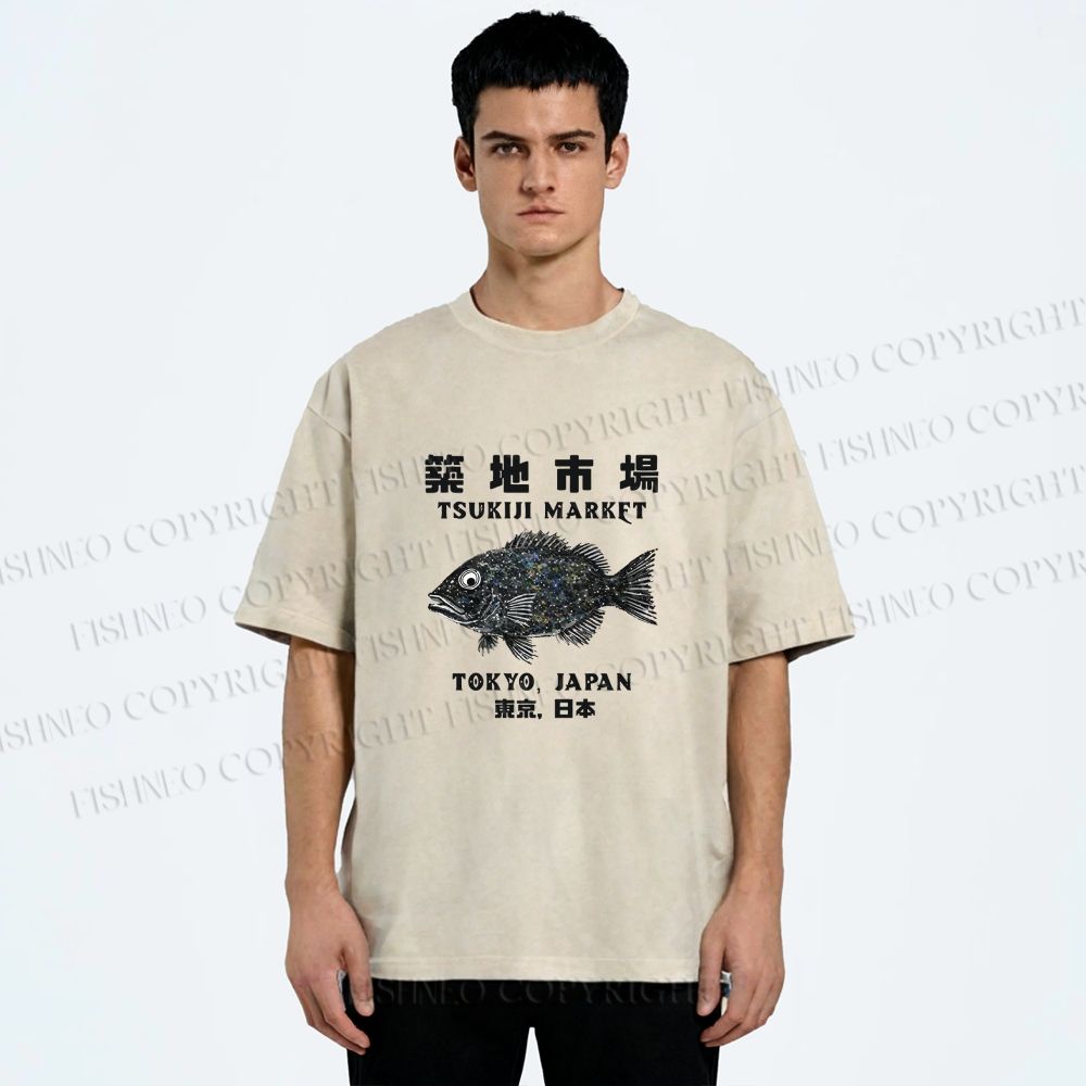 Unisex Tsukiji Fish Market Printed Washed Tee