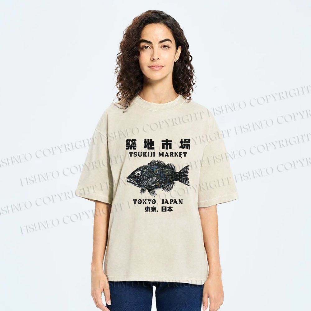 Unisex Tsukiji Fish Market Printed Washed Tee