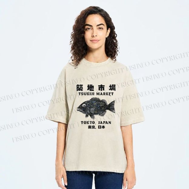 Unisex Tsukiji Fish Market Printed Washed Tee