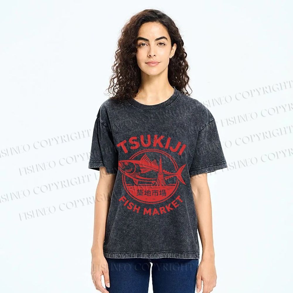 Unisex Tsukiji Fish Market Printed Washed Tee