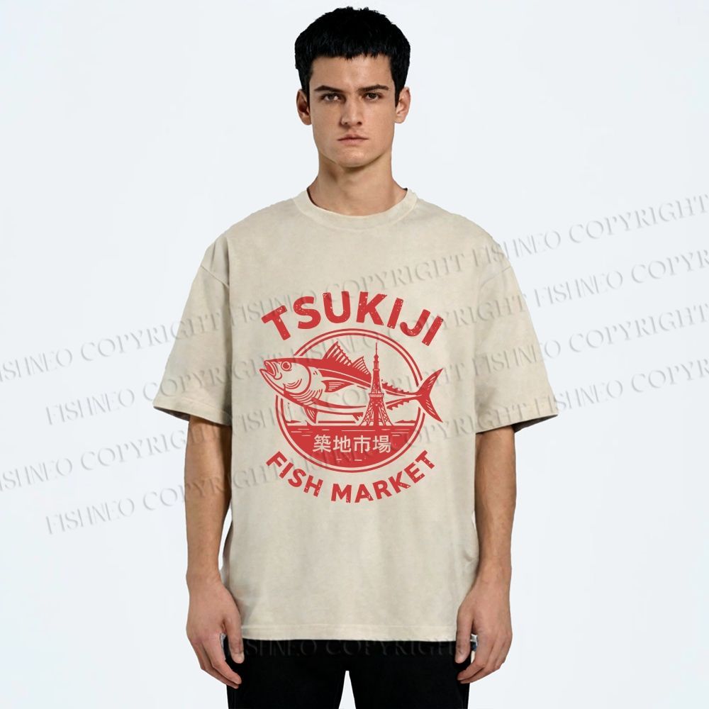 Unisex Tsukiji Fish Market Printed Washed Tee