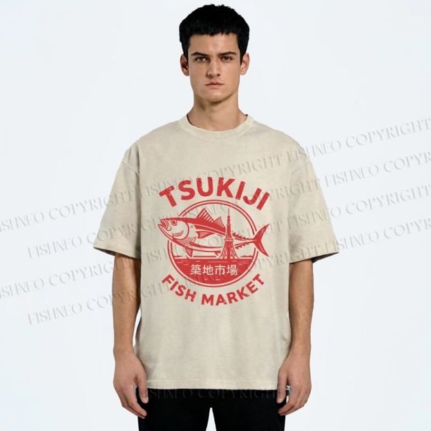 Unisex Tsukiji Fish Market Printed Washed Tee