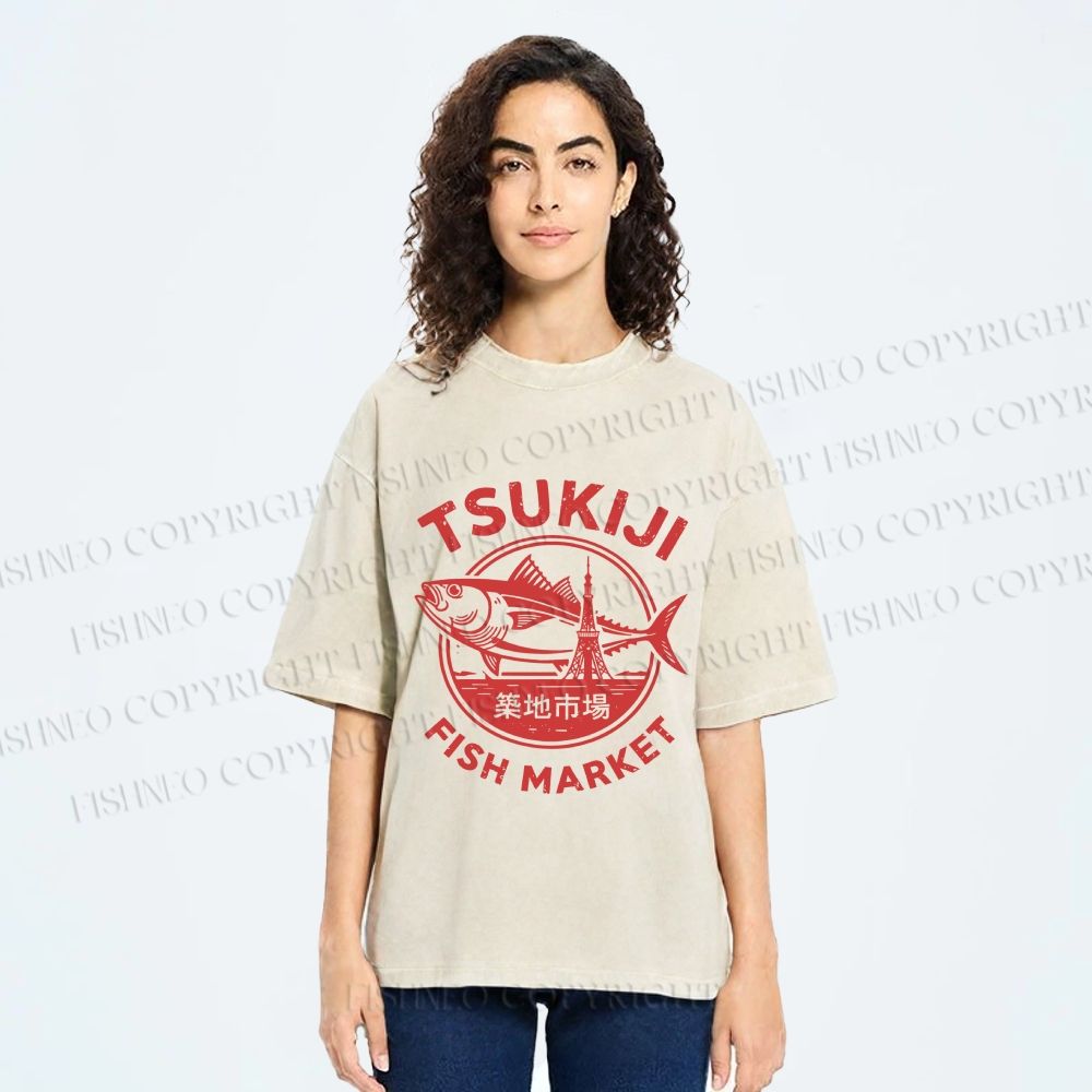 Unisex Tsukiji Fish Market Printed Washed Tee