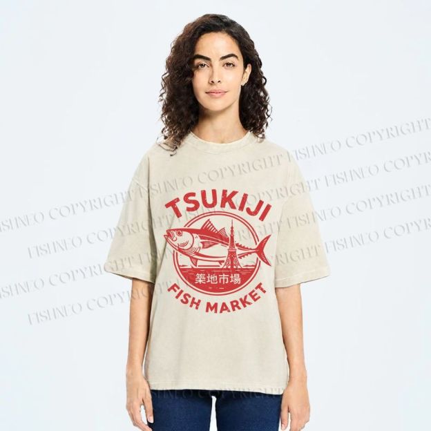Unisex Tsukiji Fish Market Printed Washed Tee