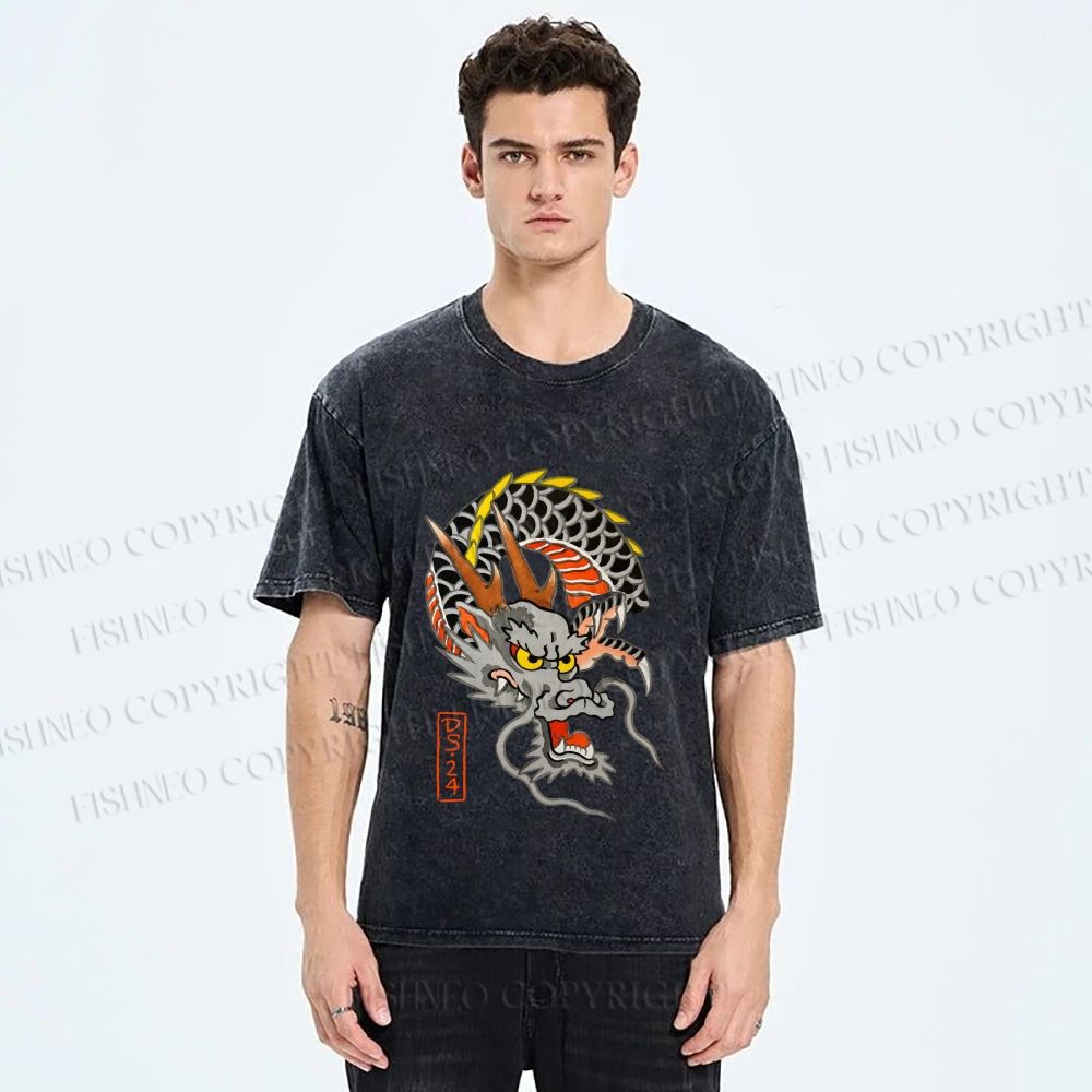 Unisex Vintage Ukiyo-e Dragon Printed Washed Tee