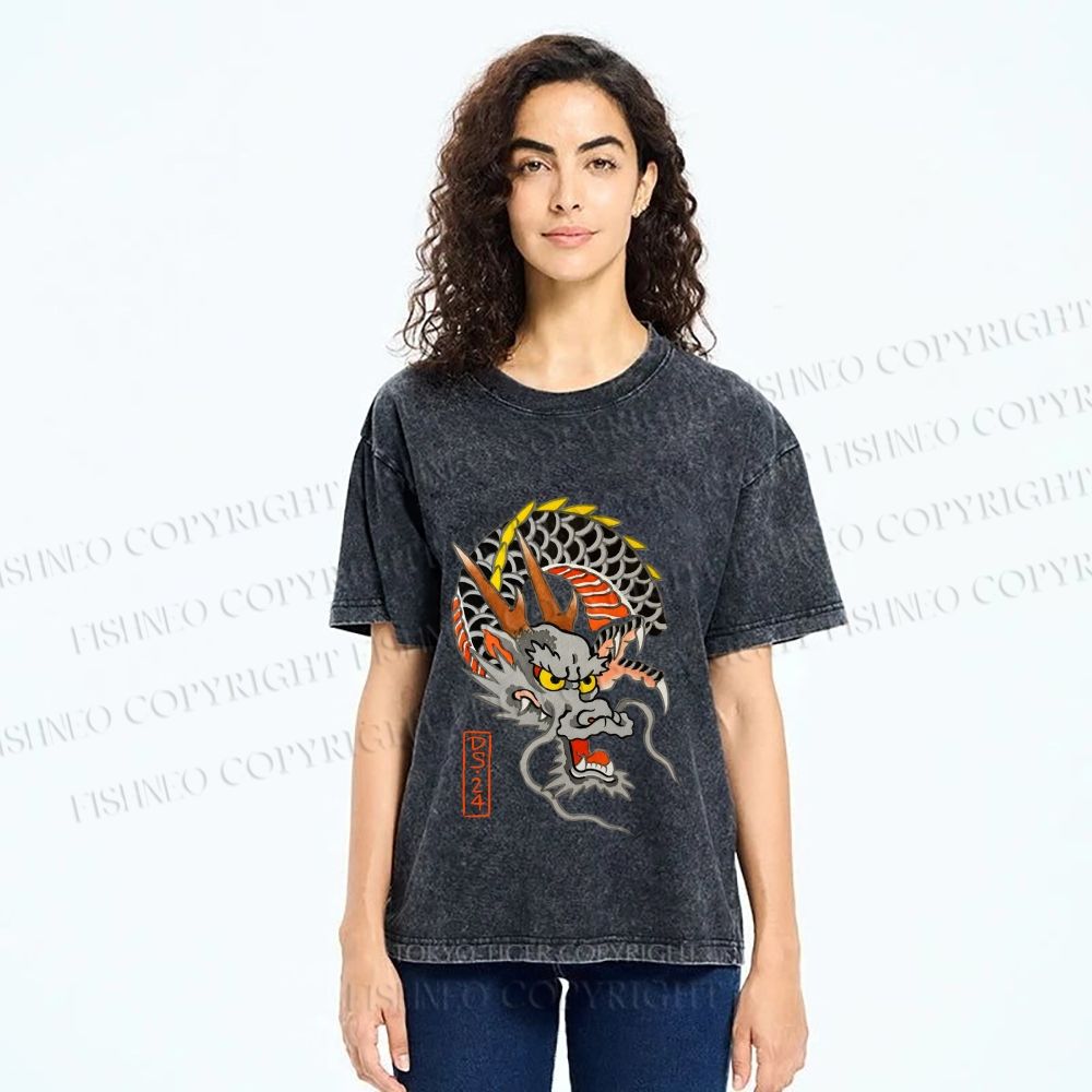 Unisex Vintage Ukiyo-e Dragon Printed Washed Tee