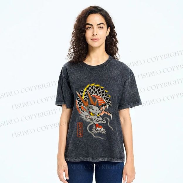Unisex Vintage Ukiyo-e Dragon Printed Washed Tee
