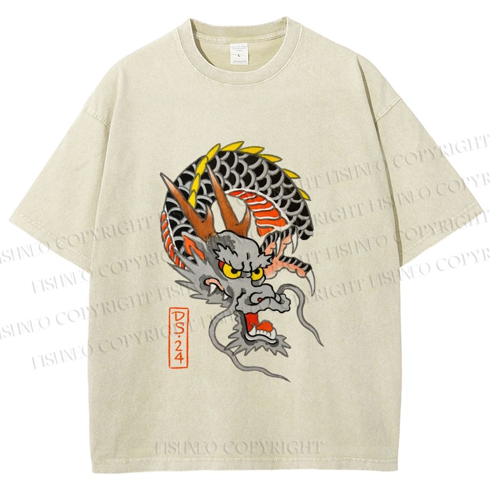 Unisex Vintage Ukiyo-e Dragon Printed Washed Tee