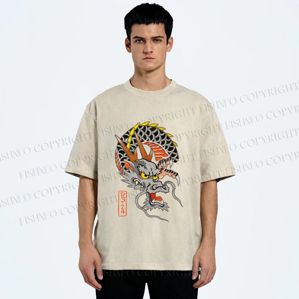 Unisex Vintage Ukiyo-e Dragon Printed Washed Tee