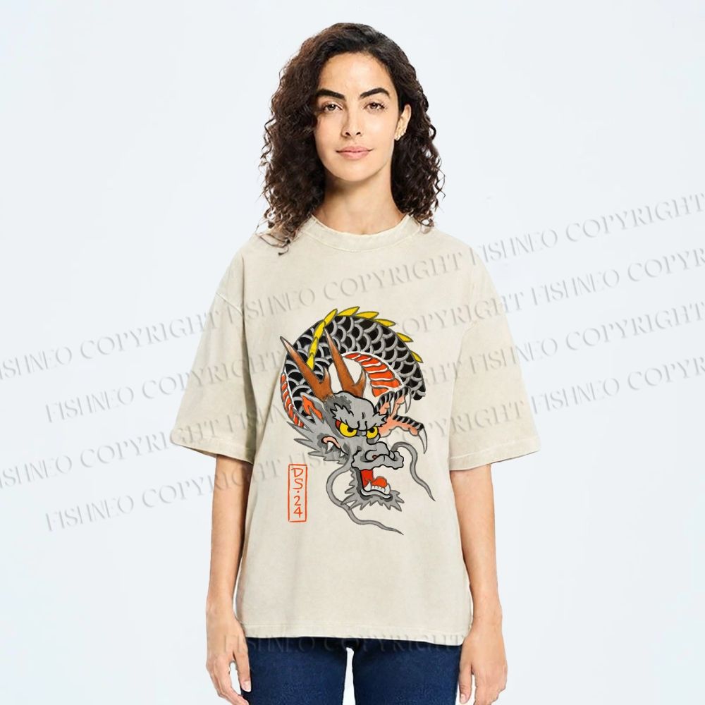 Unisex Vintage Ukiyo-e Dragon Printed Washed Tee
