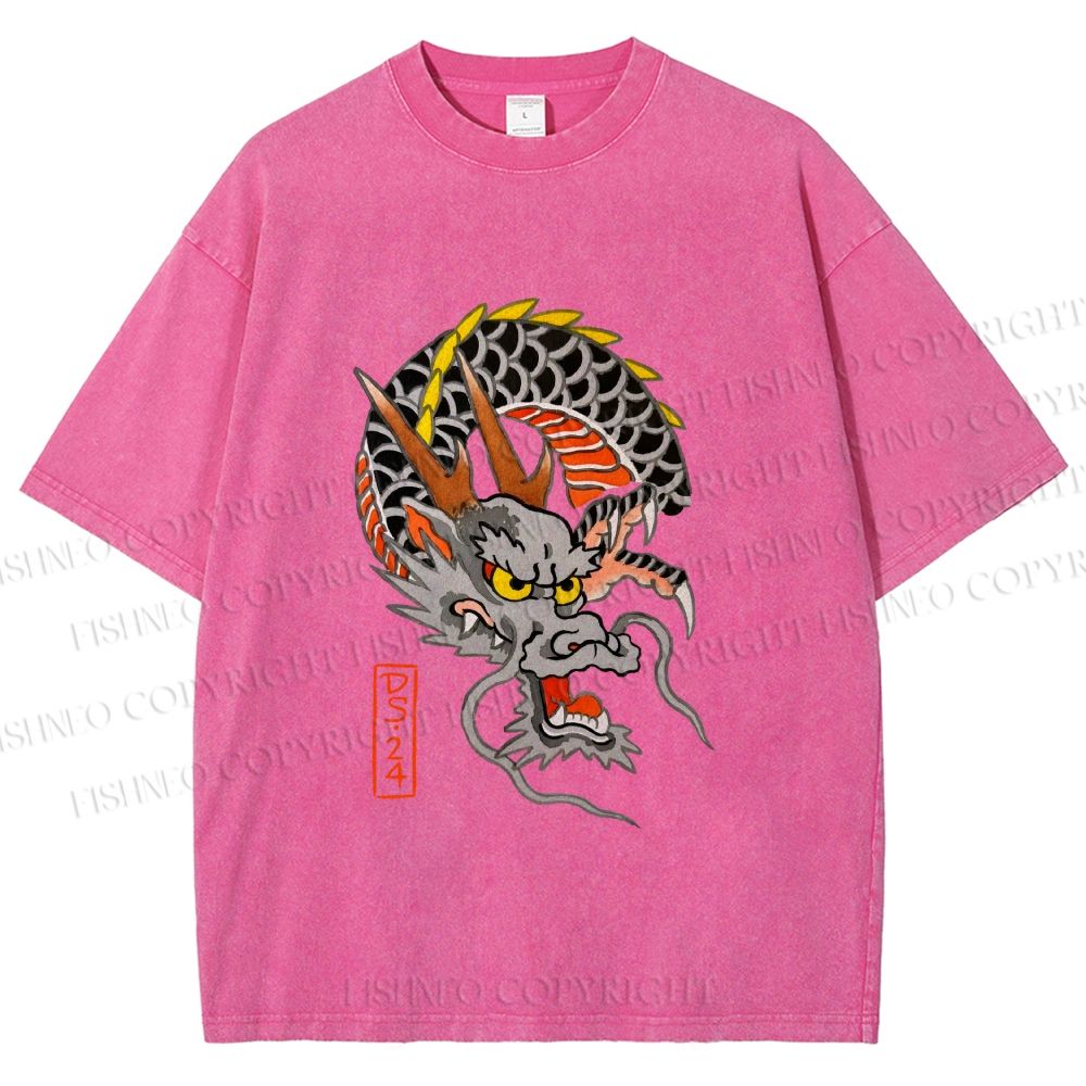 Unisex Vintage Ukiyo-e Dragon Printed Washed Tee
