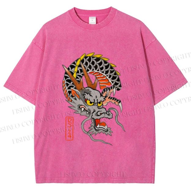 Unisex Vintage Ukiyo-e Dragon Printed Washed Tee