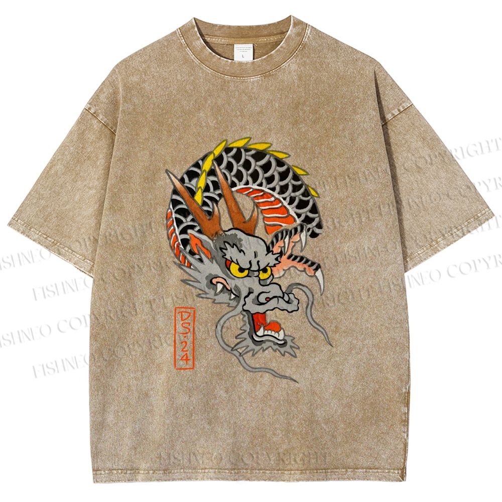 Unisex Vintage Ukiyo-e Dragon Printed Washed Tee