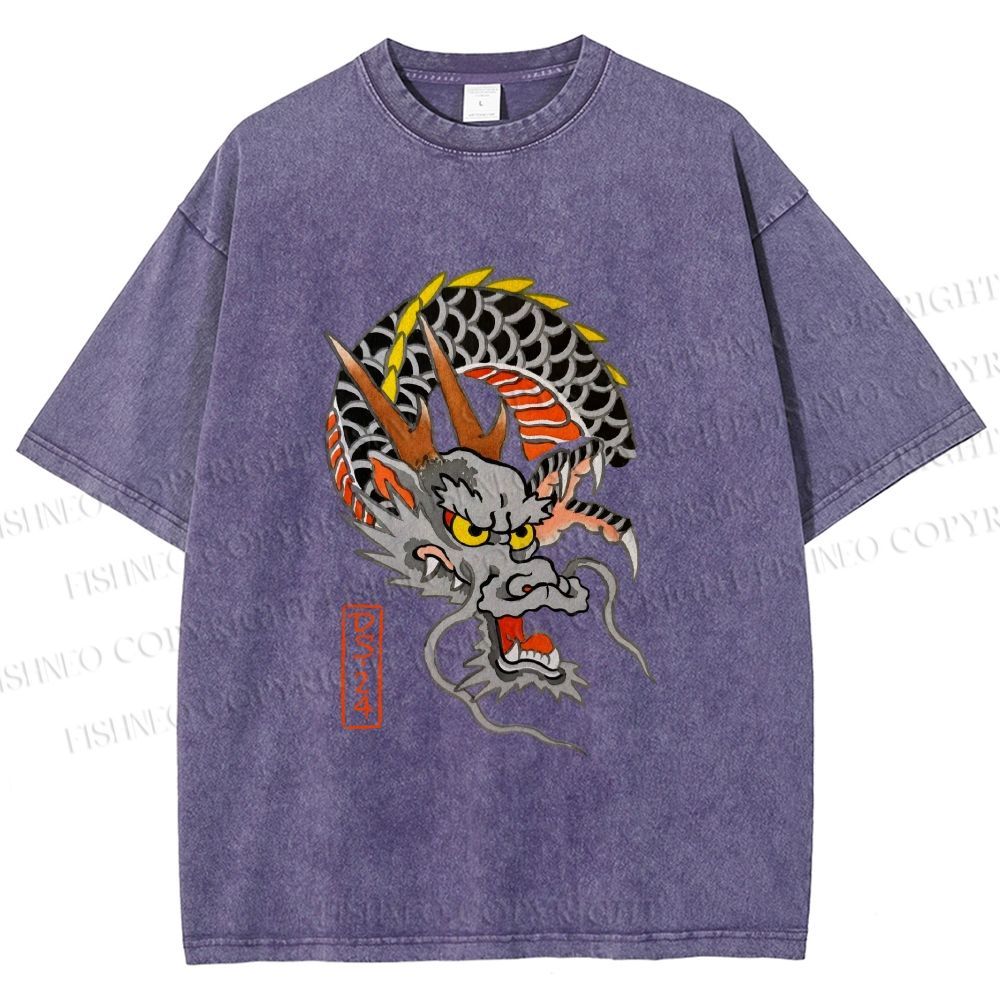 Unisex Vintage Ukiyo-e Dragon Printed Washed Tee