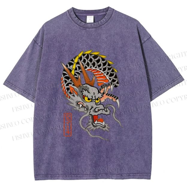 Unisex Vintage Ukiyo-e Dragon Printed Washed Tee