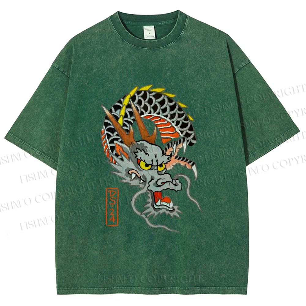 Unisex Vintage Ukiyo-e Dragon Printed Washed Tee