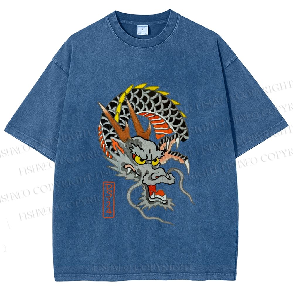 Unisex Vintage Ukiyo-e Dragon Printed Washed Tee