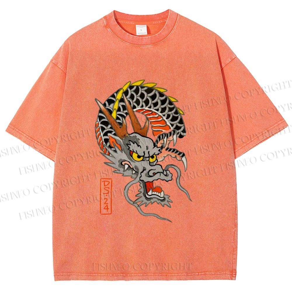 Unisex Vintage Ukiyo-e Dragon Printed Washed Tee
