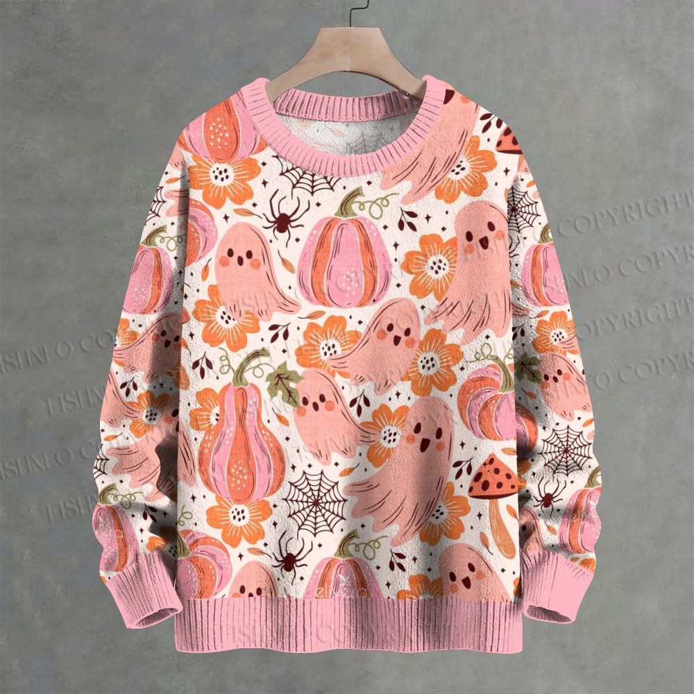 Pink Ghost Pumpkin Halloween Floral Crew Neck Sweater
