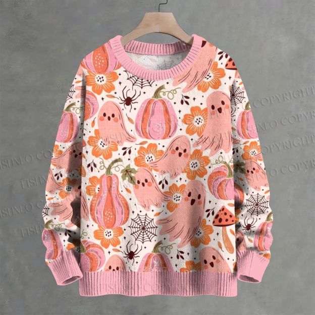 Pink Ghost Pumpkin Halloween Floral Crew Neck Sweater