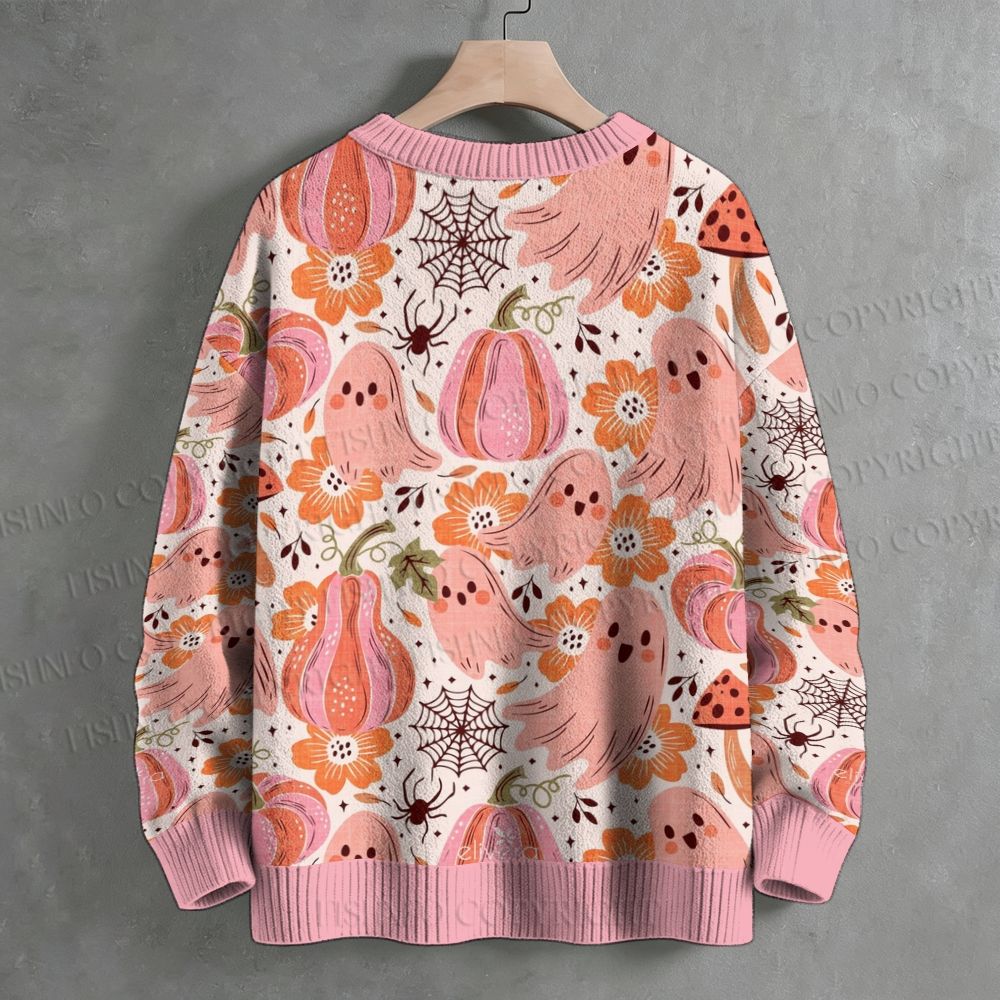 Pink Ghost Pumpkin Halloween Floral Crew Neck Sweater