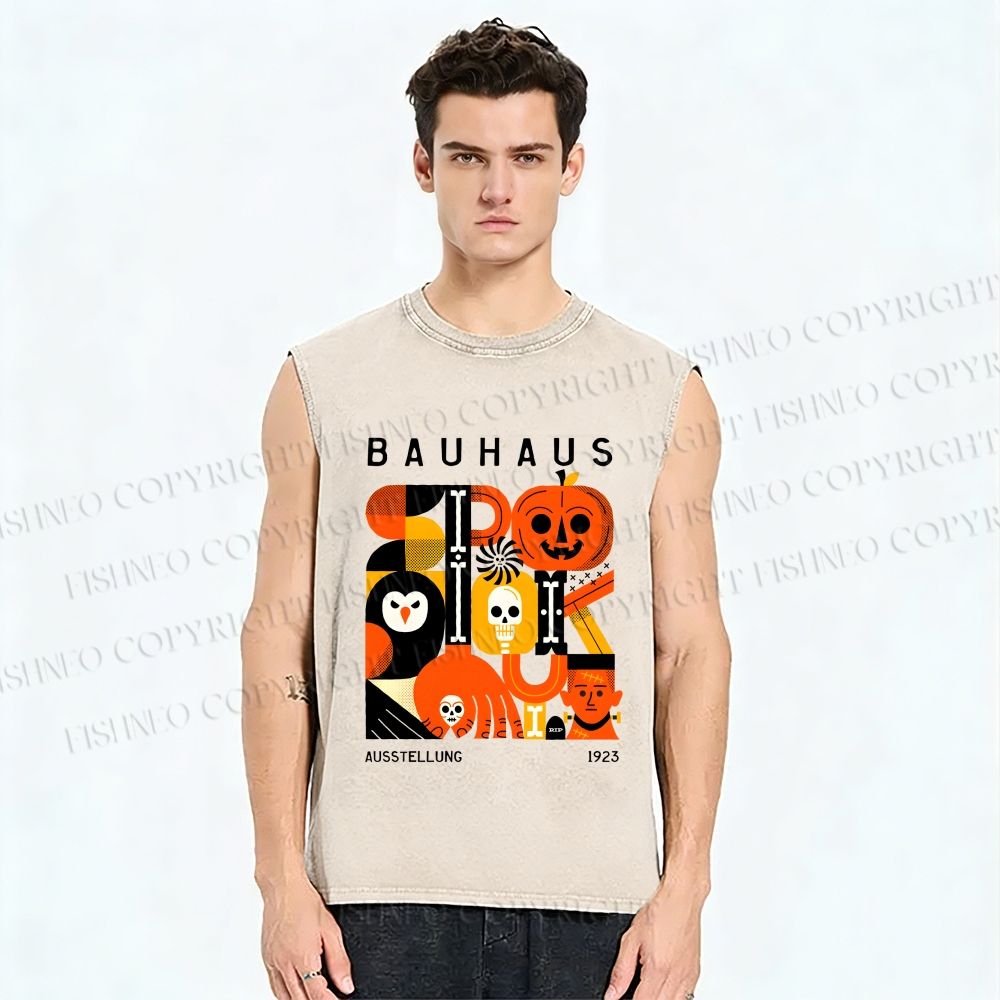 Unisex Halloween in Bauhaus Design Printed Washed Tank Top