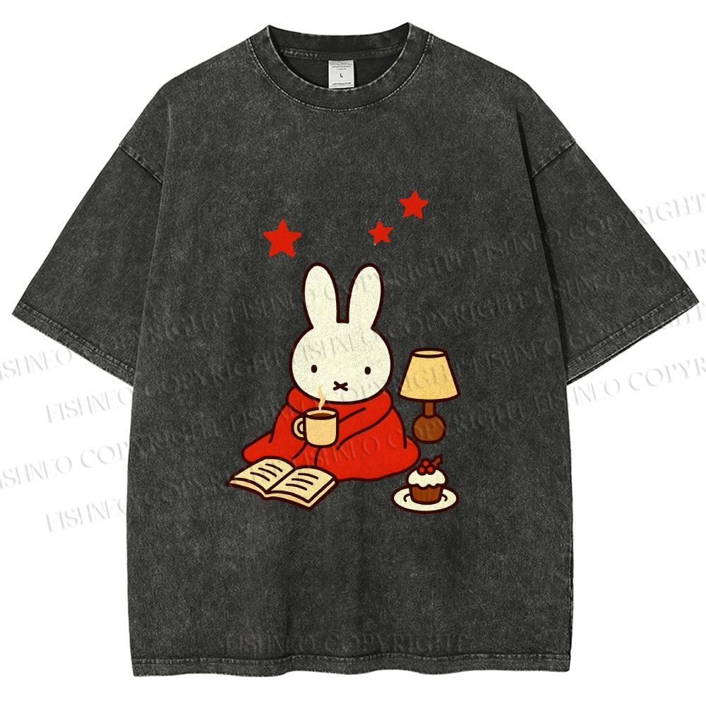 Unisex Autum Miffy Bunny With Hot Coffee Printed Washed Tee