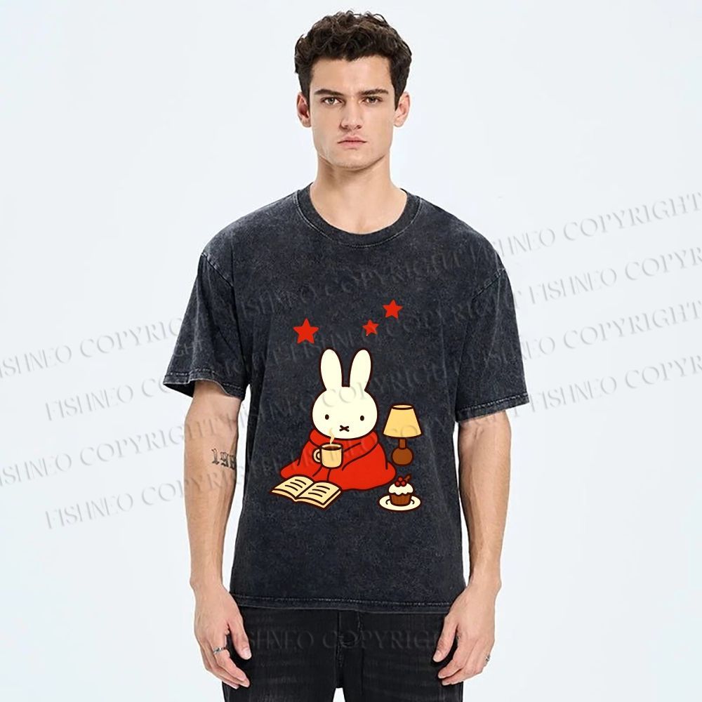 Unisex Autum Miffy Bunny With Hot Coffee Printed Washed Tee