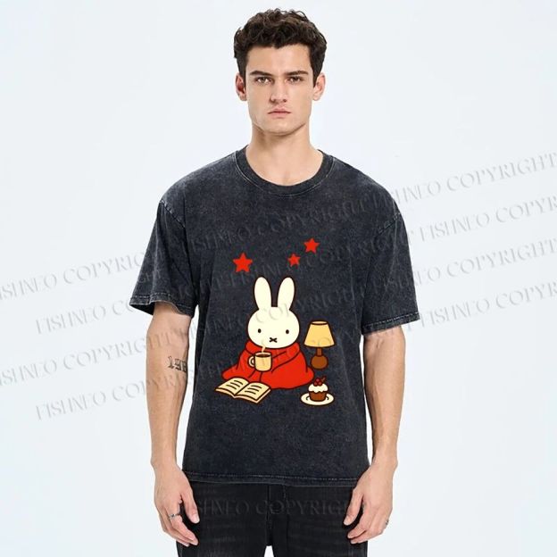 Unisex Autum Miffy Bunny With Hot Coffee Printed Washed Tee