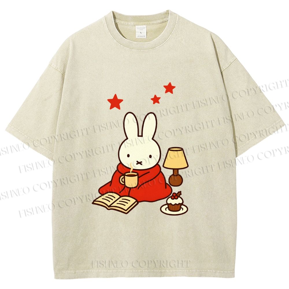 Unisex Autum Miffy Bunny With Hot Coffee Printed Washed Tee