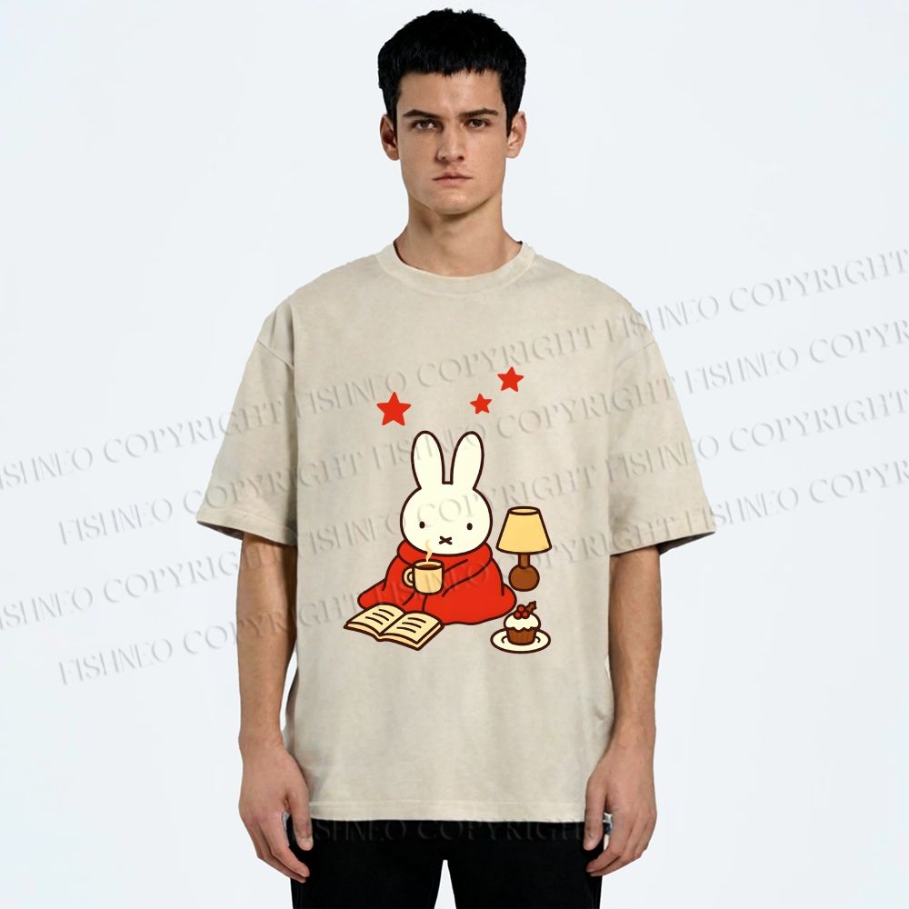 Unisex Autum Miffy Bunny With Hot Coffee Printed Washed Tee