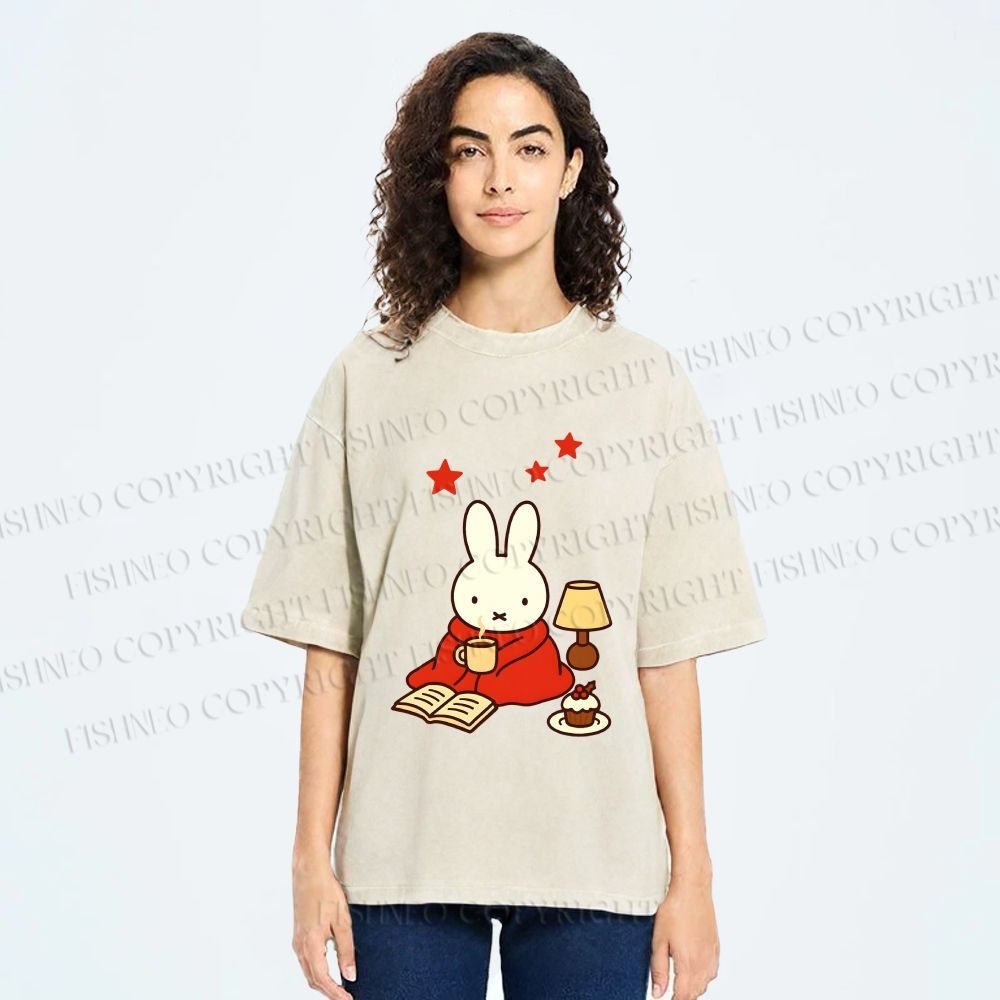 Unisex Autum Miffy Bunny With Hot Coffee Printed Washed Tee
