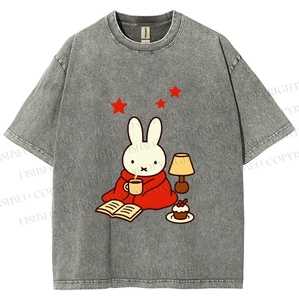 Unisex Autum Miffy Bunny With Hot Coffee Printed Washed Tee