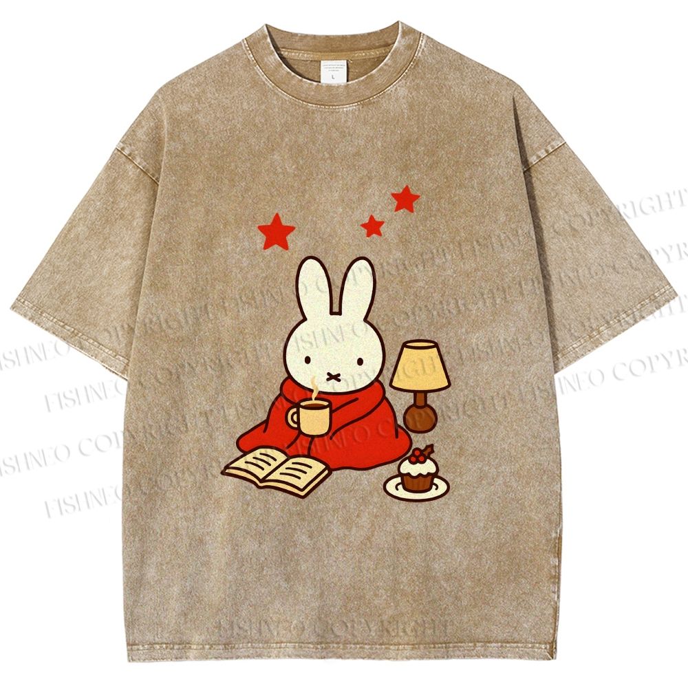 Unisex Autum Miffy Bunny With Hot Coffee Printed Washed Tee