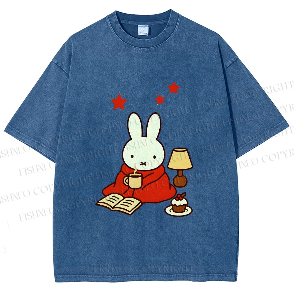 Unisex Autum Miffy Bunny With Hot Coffee Printed Washed Tee