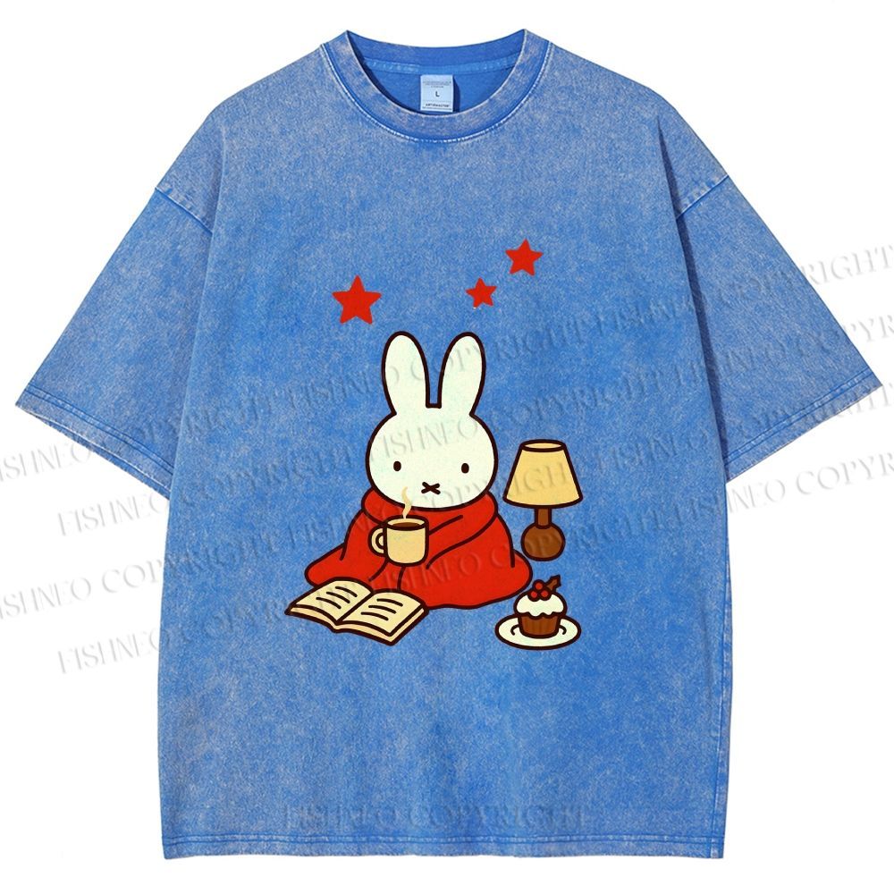 Unisex Autum Miffy Bunny With Hot Coffee Printed Washed Tee
