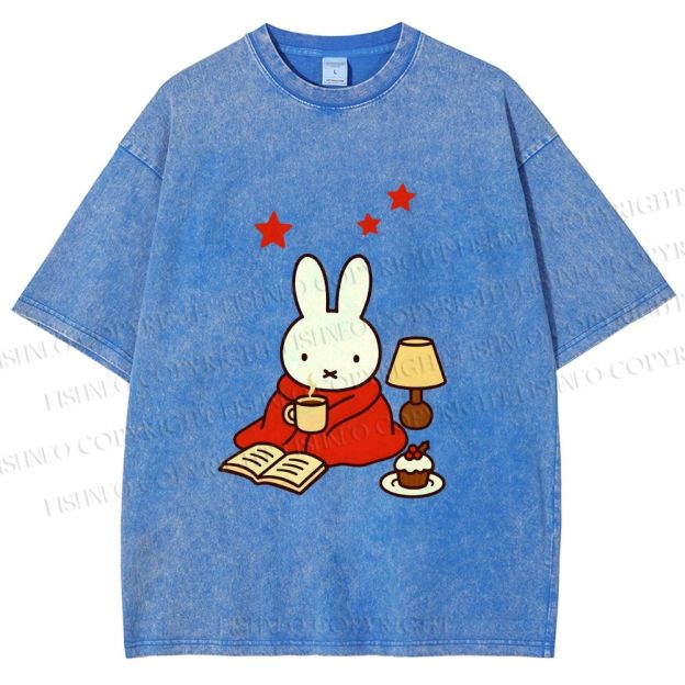 Unisex Autum Miffy Bunny With Hot Coffee Printed Washed Tee