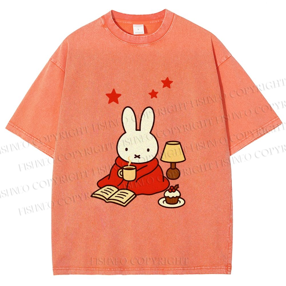Unisex Autum Miffy Bunny With Hot Coffee Printed Washed Tee