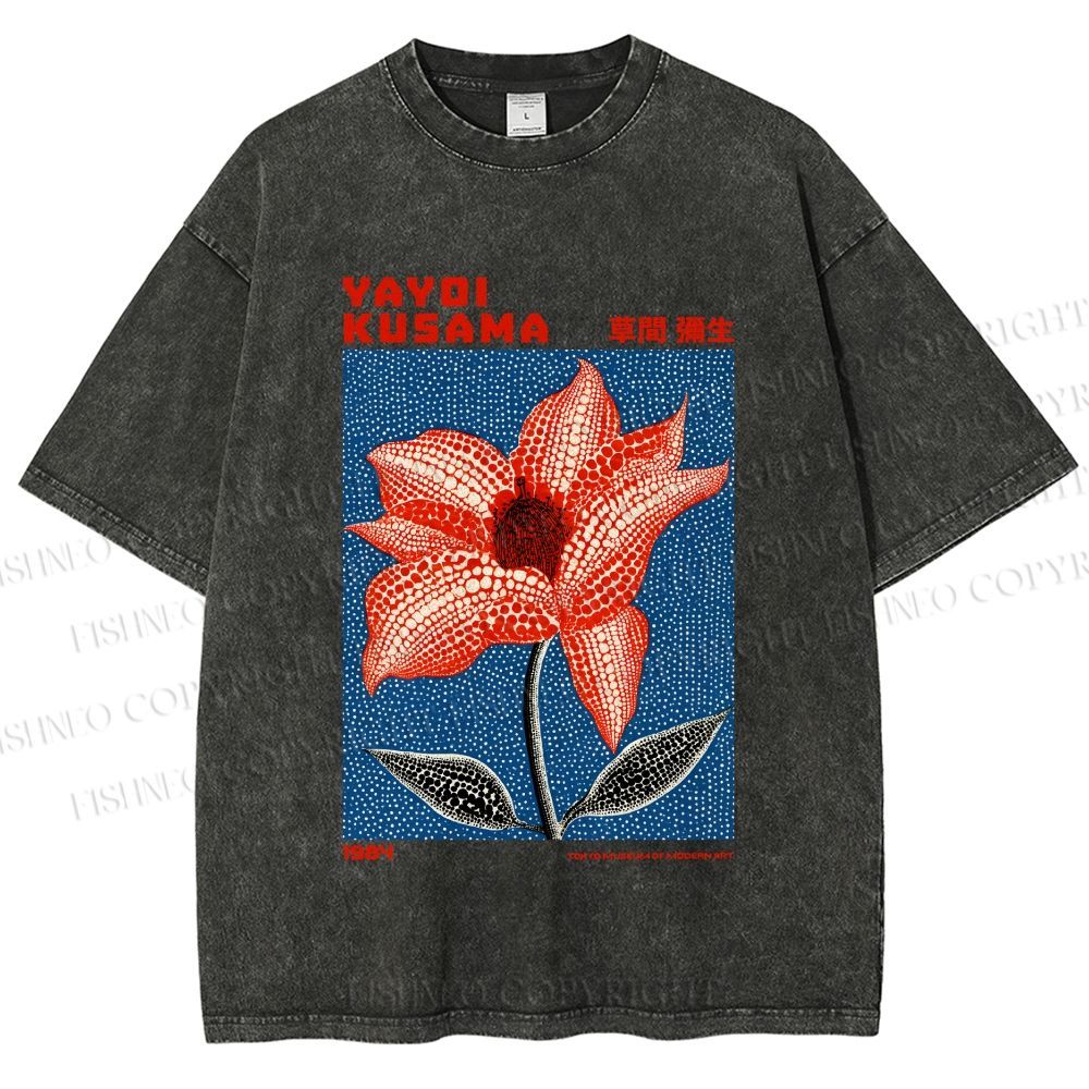 Unisex Yayoi Kusama Giant Red Flower With Dots  Printed Washed Tee