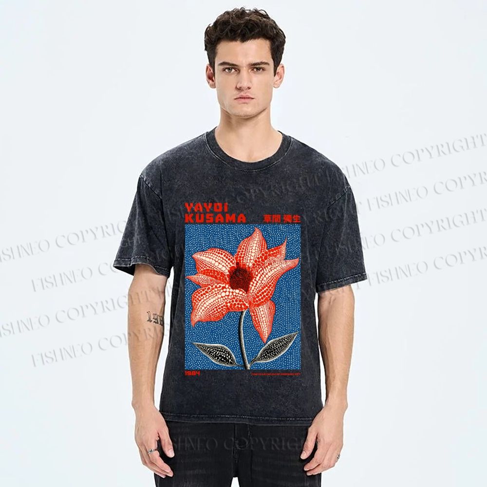 Unisex Yayoi Kusama Giant Red Flower With Dots  Printed Washed Tee