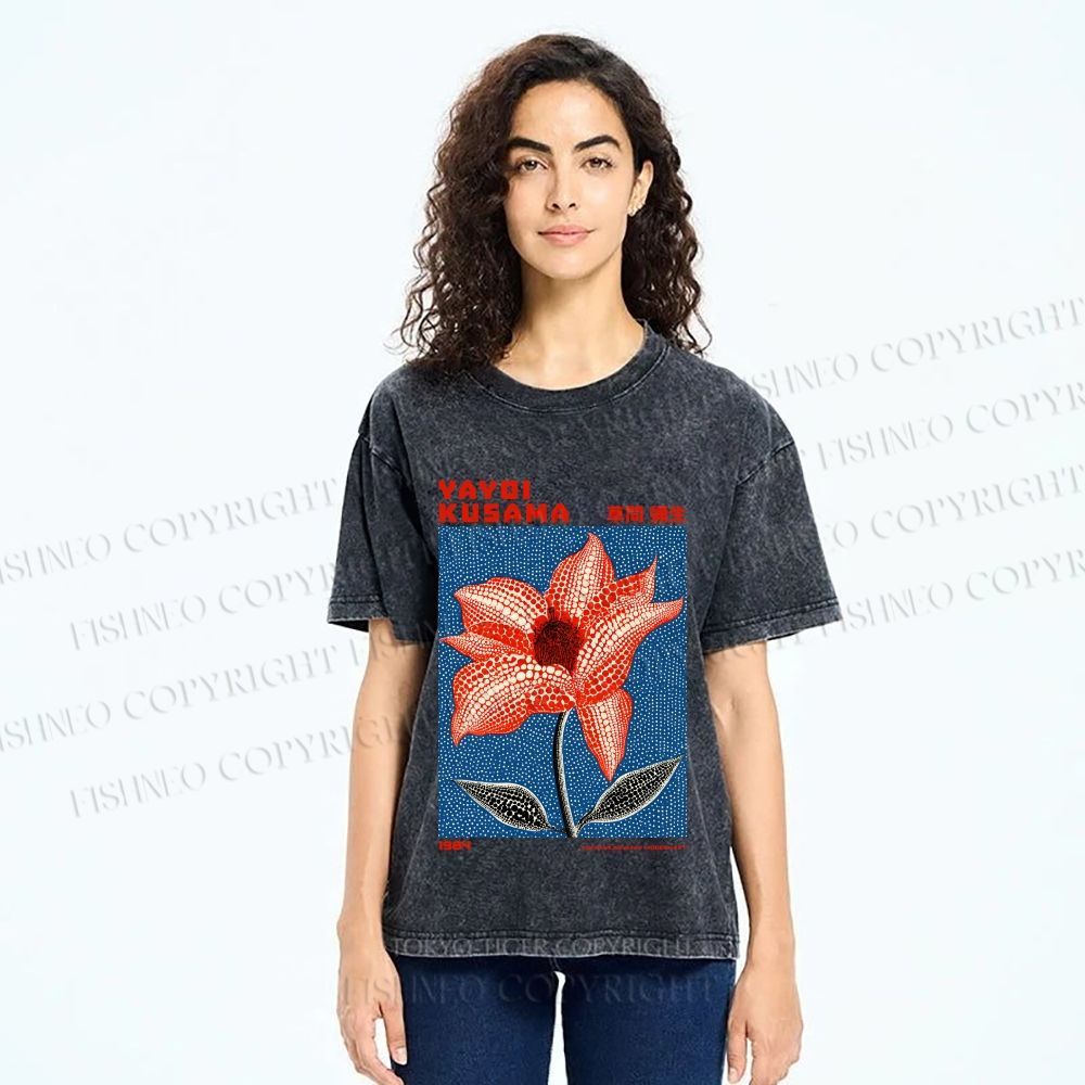 Unisex Yayoi Kusama Giant Red Flower With Dots  Printed Washed Tee