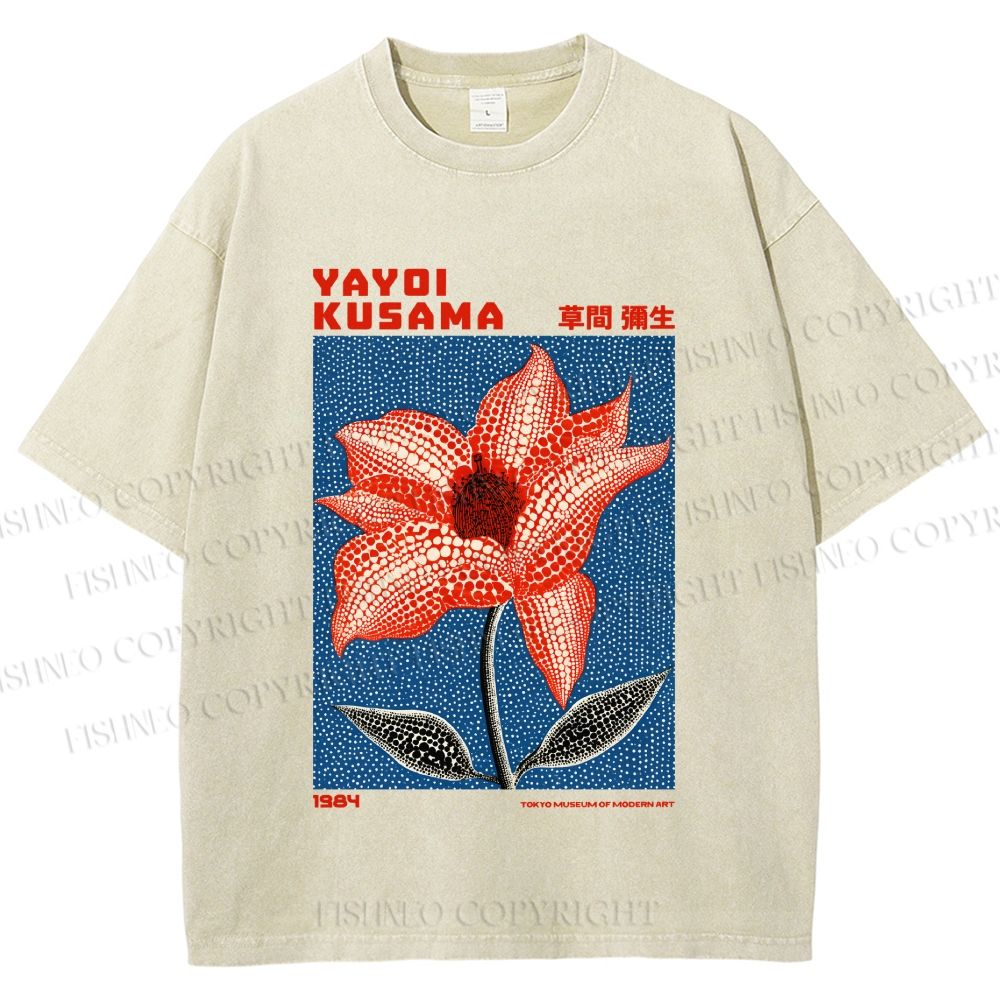 Unisex Yayoi Kusama Giant Red Flower With Dots  Printed Washed Tee