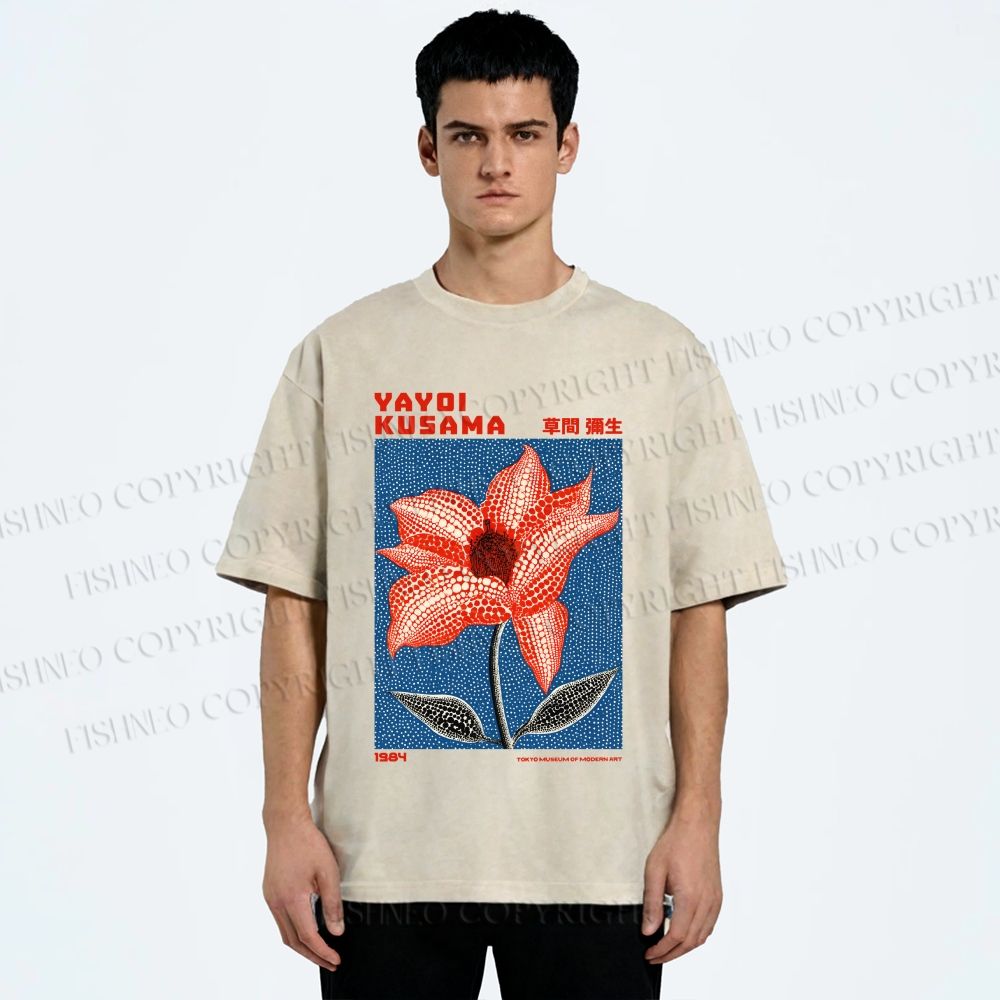 Unisex Yayoi Kusama Giant Red Flower With Dots  Printed Washed Tee