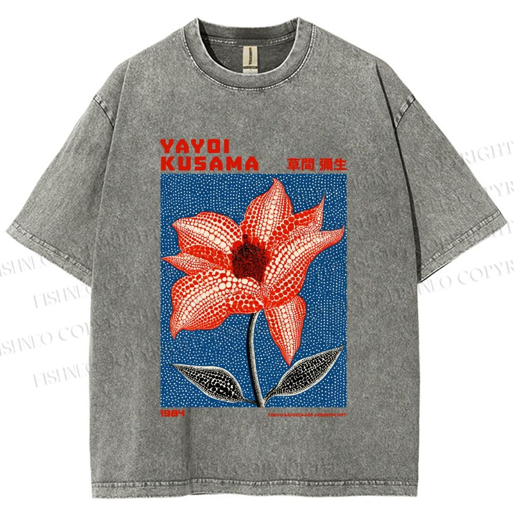 Unisex Yayoi Kusama Giant Red Flower With Dots  Printed Washed Tee