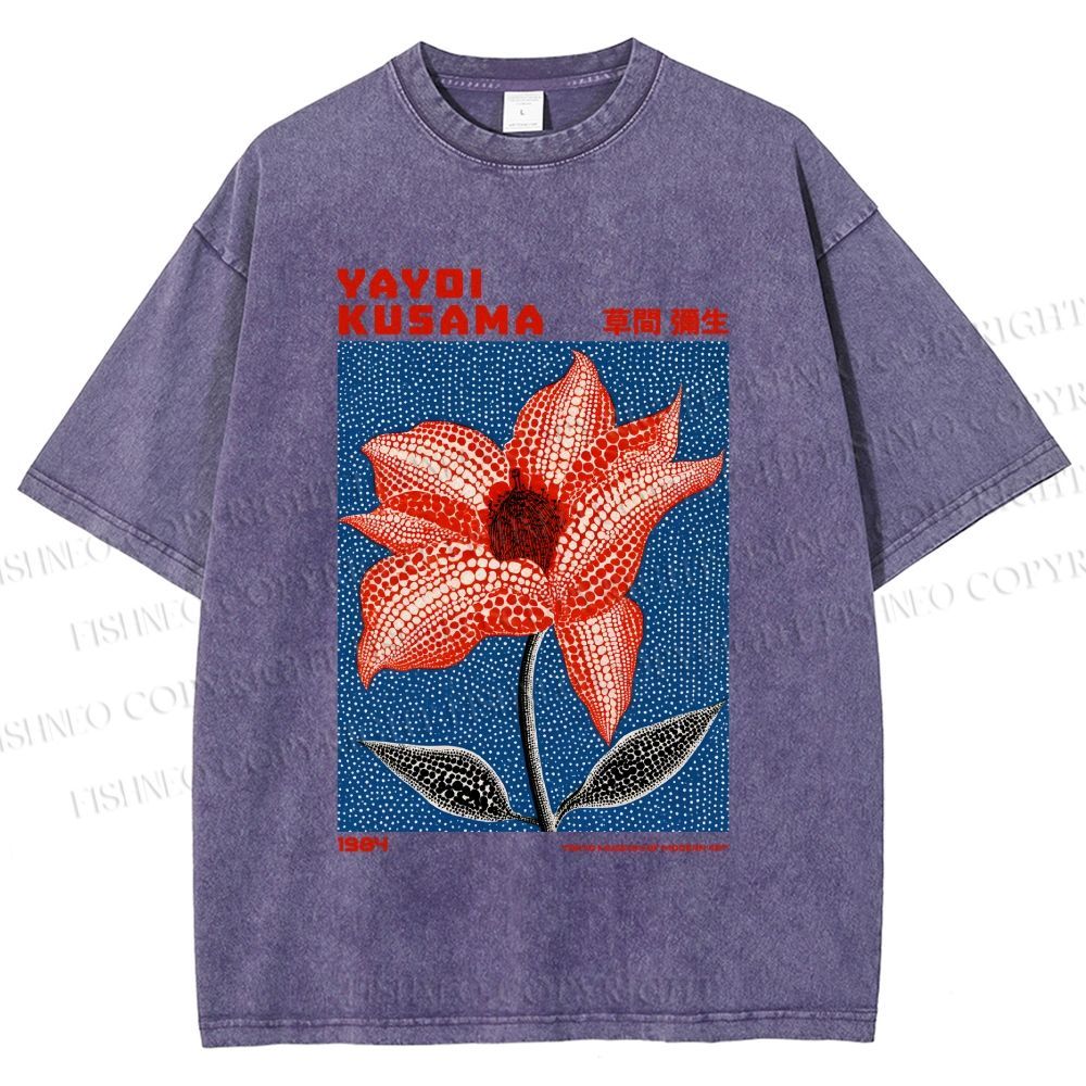 Unisex Yayoi Kusama Giant Red Flower With Dots  Printed Washed Tee